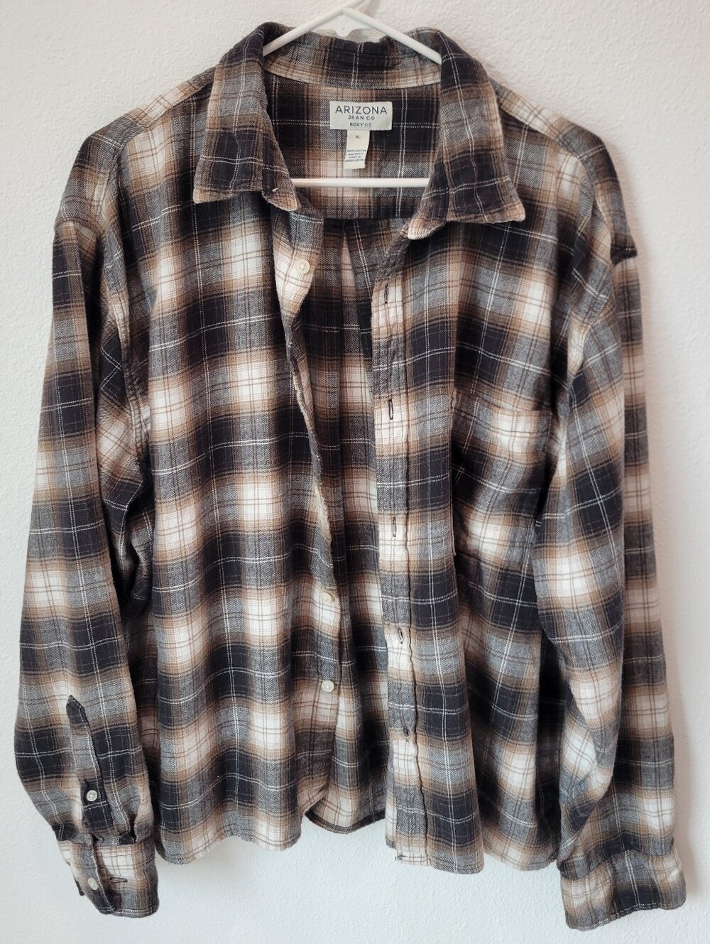 Arizona Jean Co Men’s XL Boxy Plaid Flannel Brown Beige Cotton Grunge